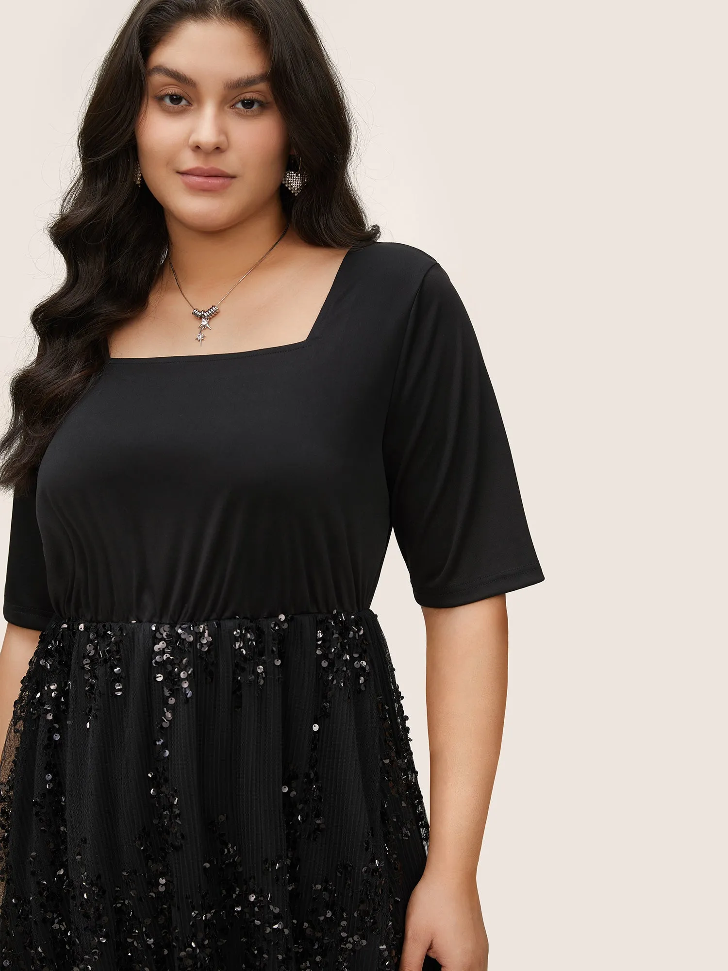 Sequin Mesh Patchwork Square Neck Elastic Waist Dress sold by Bloomchic product image thumbnail 4