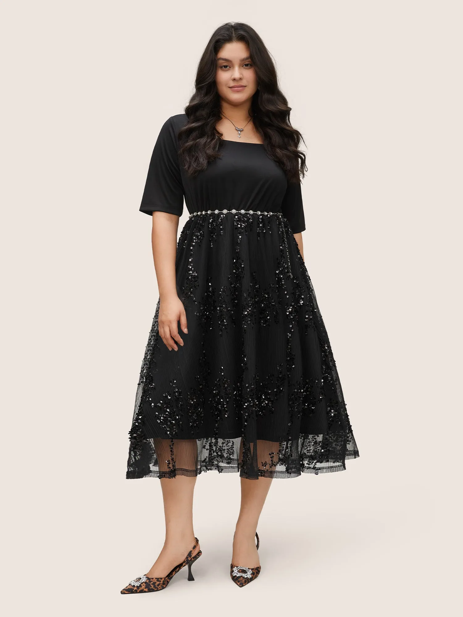 Sequin Mesh Patchwork Square Neck Elastic Waist Dress sold by Bloomchic