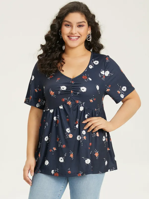 Floral Print V Neck Elastic Waist Flutter Hem T-shirt sold by Bloomchic