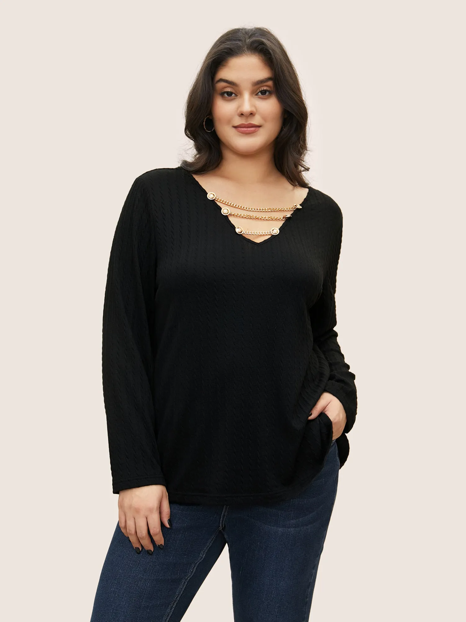 Plain Textured Metal Chain Detail T-shirt sold by Bloomchic