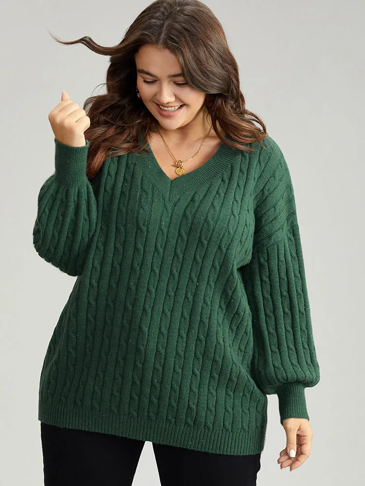 Lurex Cable Knit Plain V Neck Pullover sold by Bloomchic