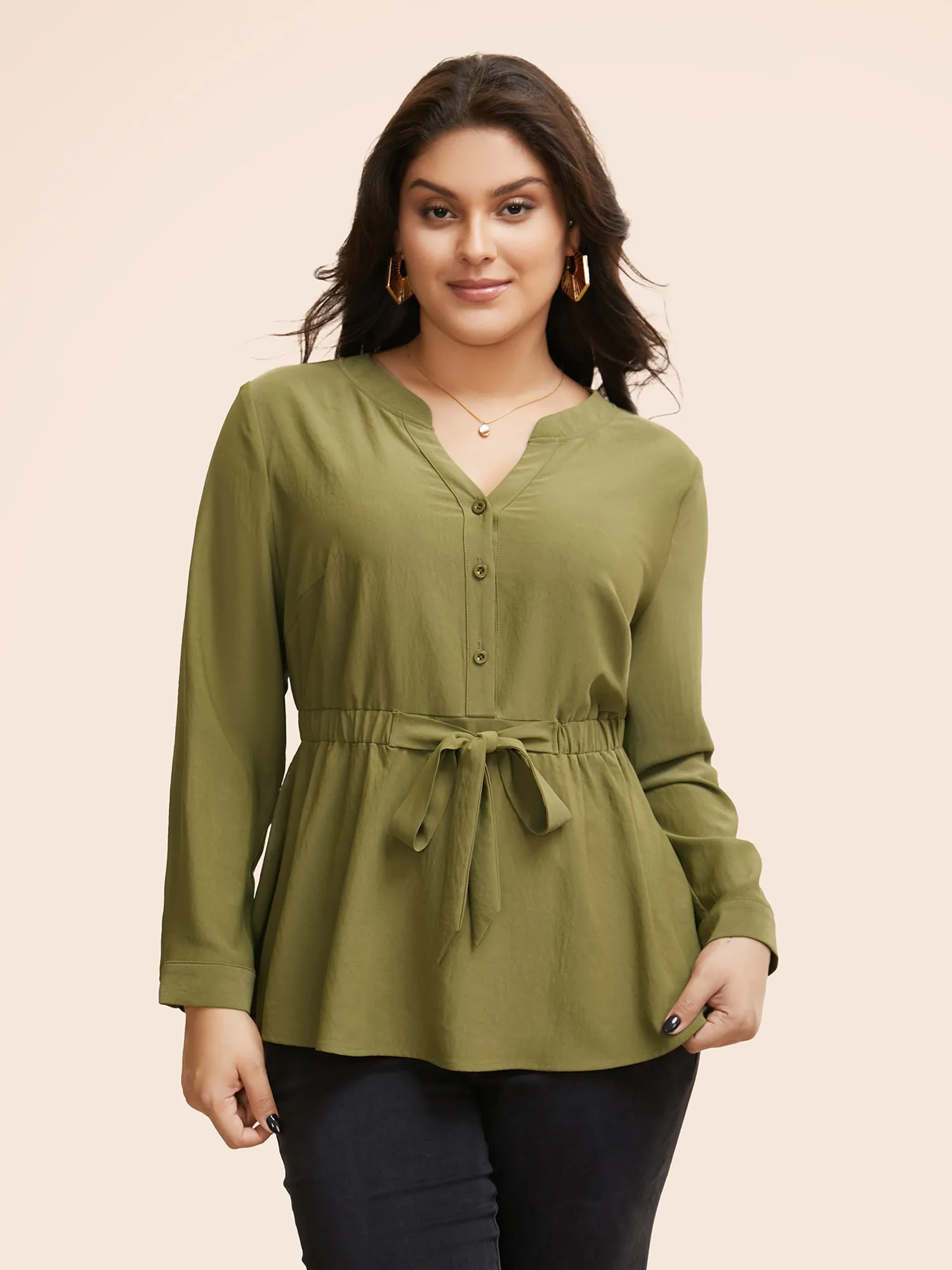 Notched Button Up Tie Knot Blouse sold by Bloomchic