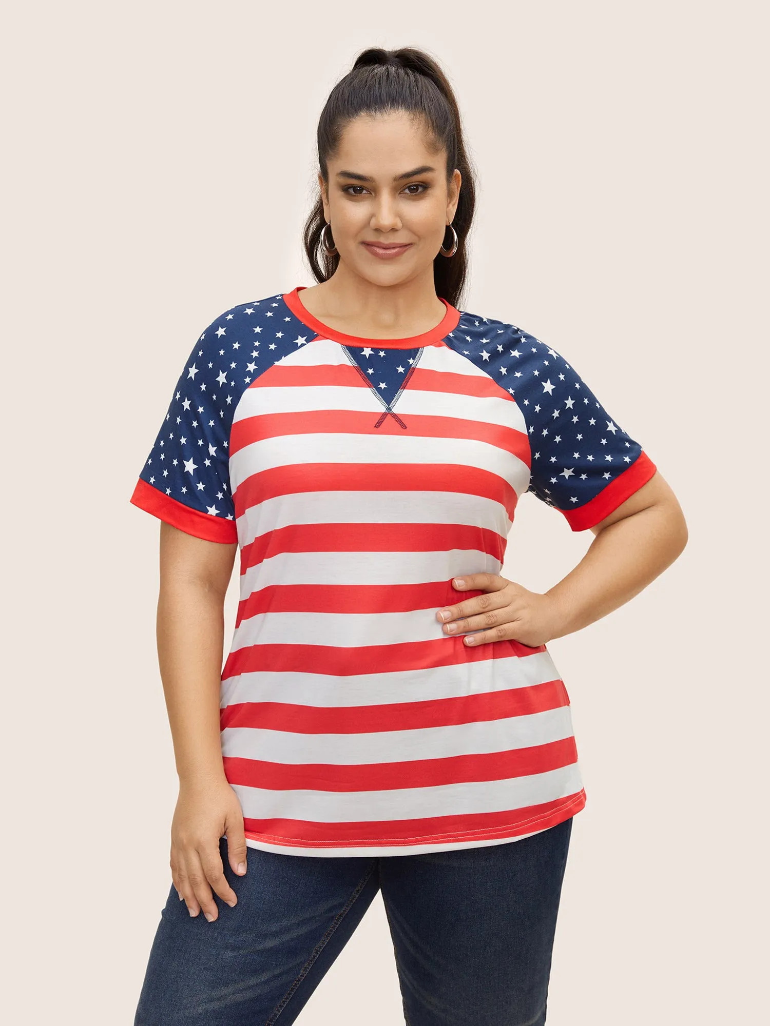 Star Patchwork Striped Quilted Raglan Sleeve T-shirt sold by Bloomchic