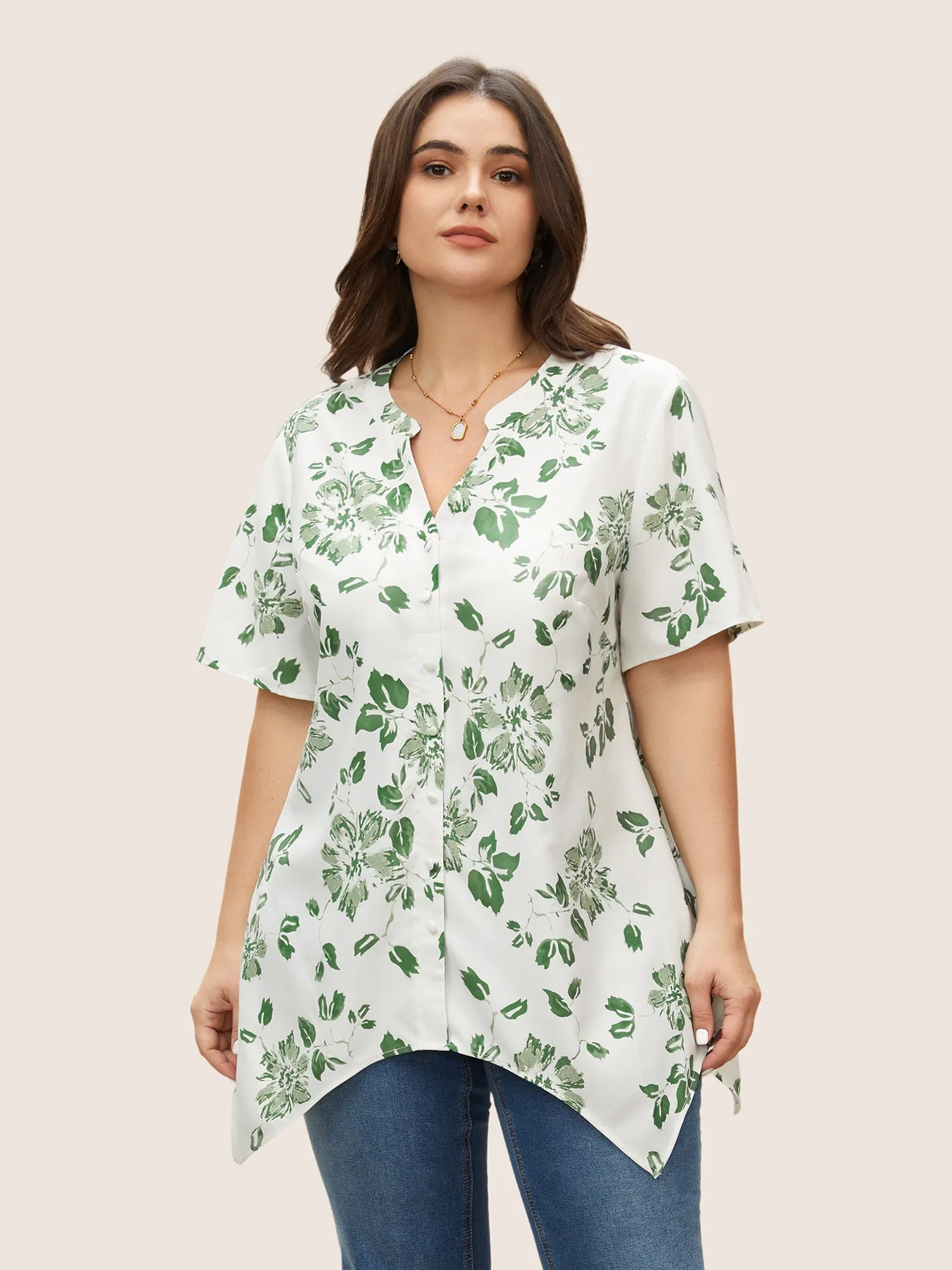 Floral Flat Collar Hanky Hem Blouse sold by Bloomchic