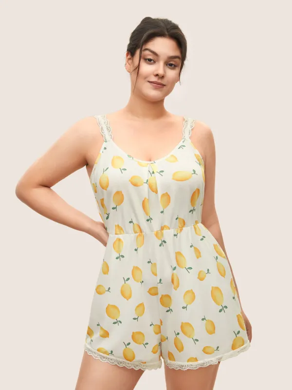 Fruits Print Lace Patchwork Gathered Sleep Jumpsuit sold by Bloomchic