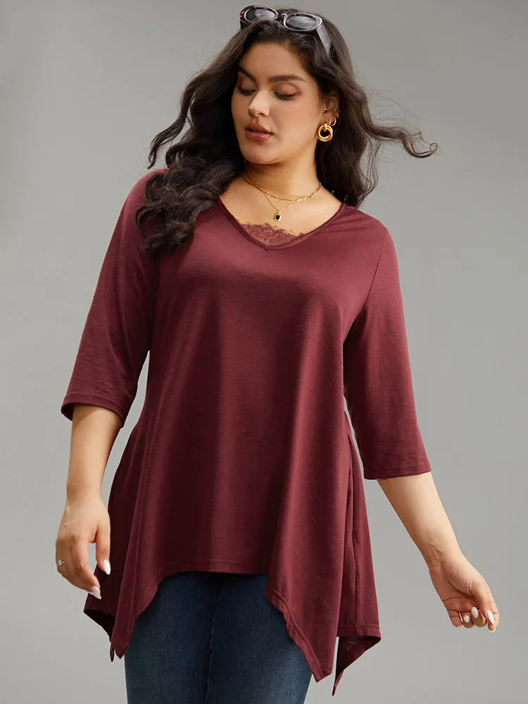 Solid Crochet Lace Mesh Hanky Hem T-shirt sold by Bloomchic