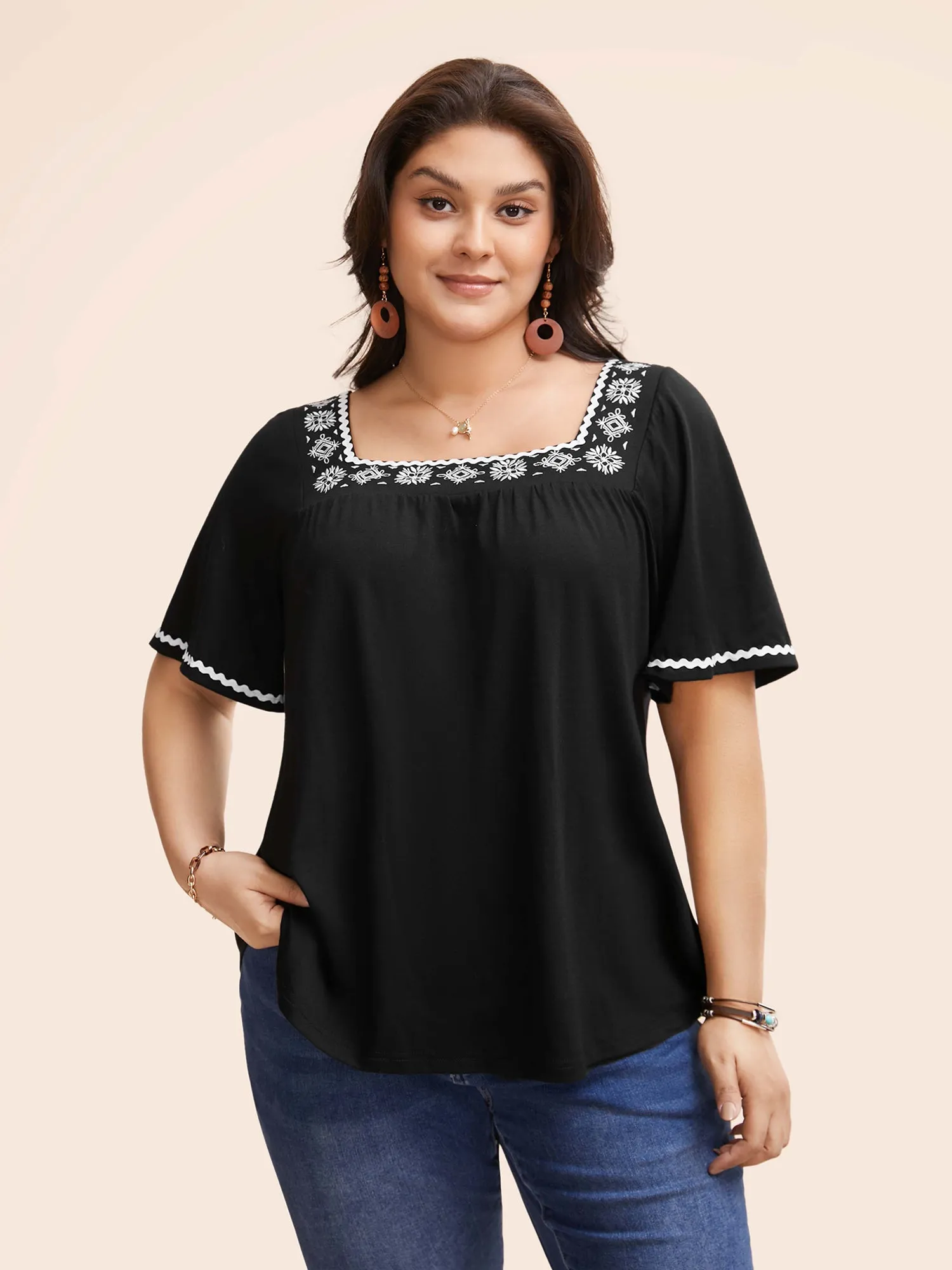 Square Neck Floral Embroidered T-shirt sold by Bloomchic