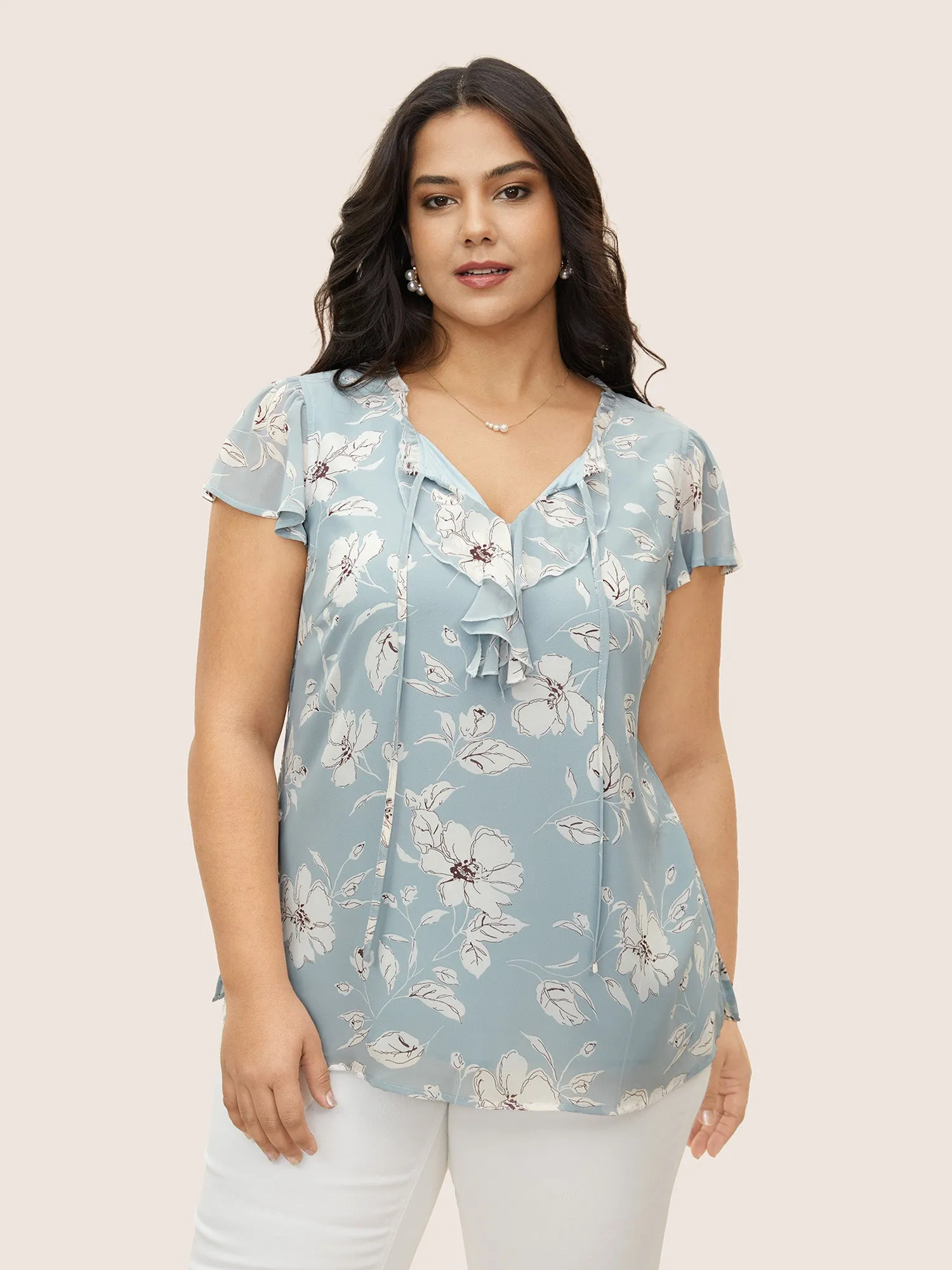 Floral Frill Trim Tie Knot Ruffles Blouse sold by Bloomchic product image thumbnail 4