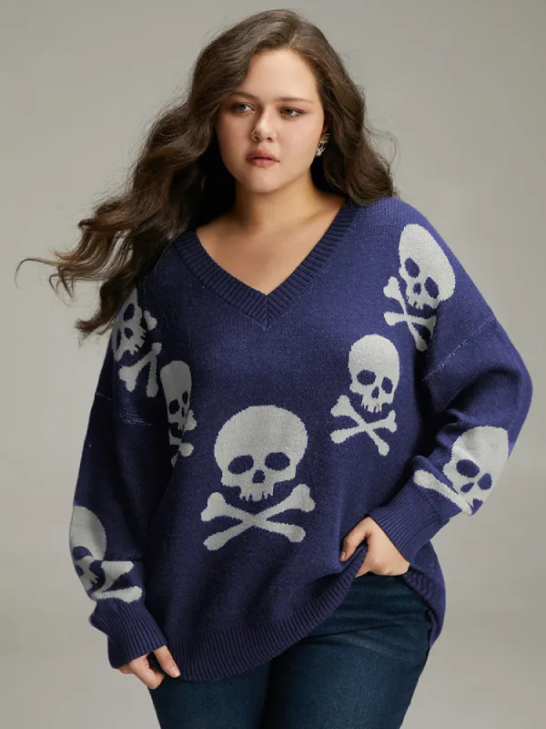 Supersoft Essentials Halloween Skull Print V Neck Pullover sold by Bloomchic