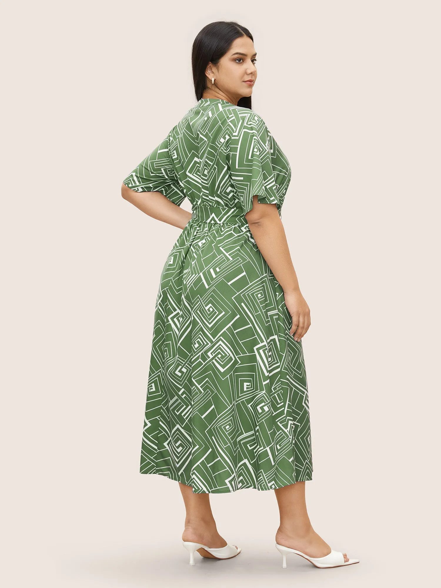 Geometric Flat Collar With V Notch Ruffle Sleeve Belted Dress sold by Bloomchic product image thumbnail 2