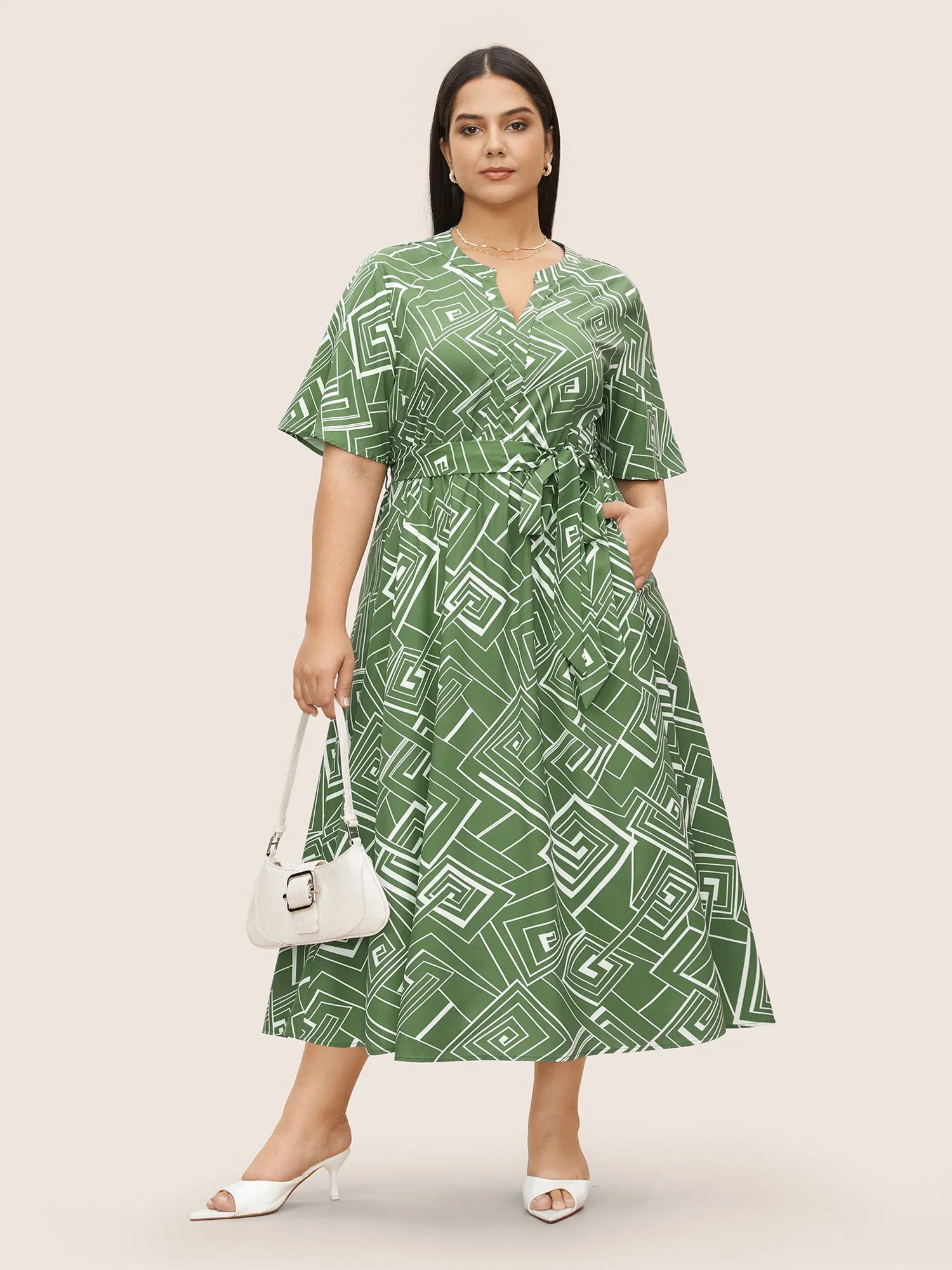 Geometric Flat Collar With V Notch Ruffle Sleeve Belted Dress sold by Bloomchic