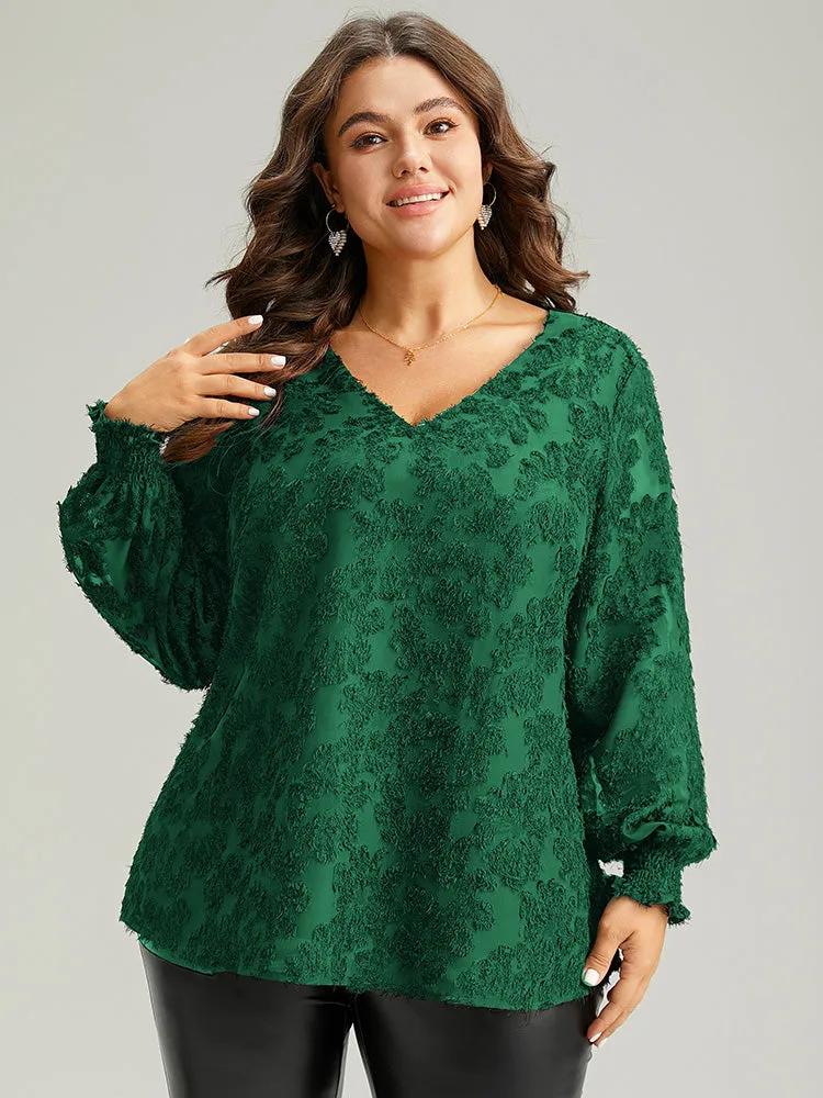 Plain Appliques Mesh V Neck Shirred Blouse sold by Bloomchic