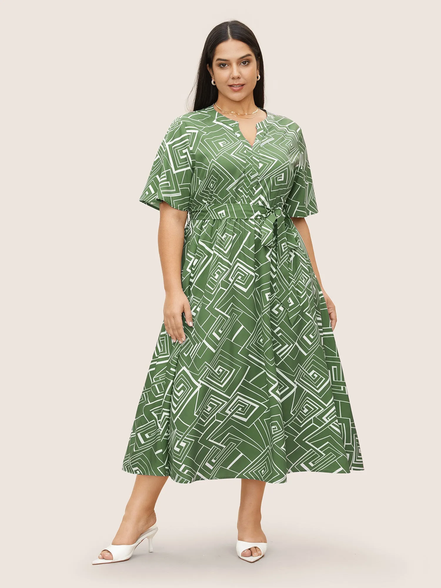 Geometric Flat Collar With V Notch Ruffle Sleeve Belted Dress sold by Bloomchic product image thumbnail 3