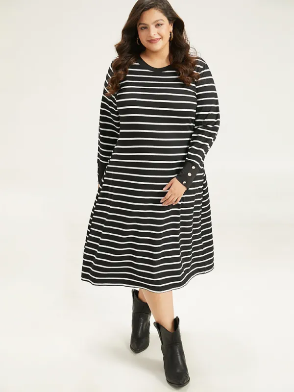 Rib Knit Striped Button Detail Patchwork Dress sold by Bloomchic