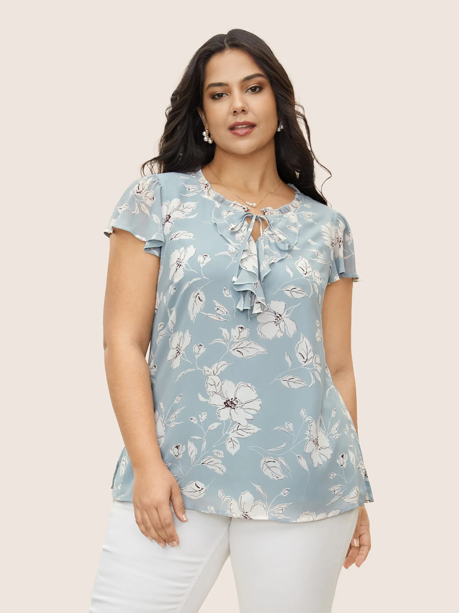 Floral Frill Trim Tie Knot Ruffles Blouse sold by Bloomchic