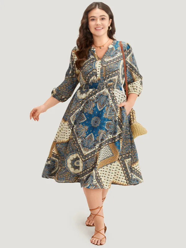 Bandana Print Notched Lantern Sleeve Dress sold by Bloomchic