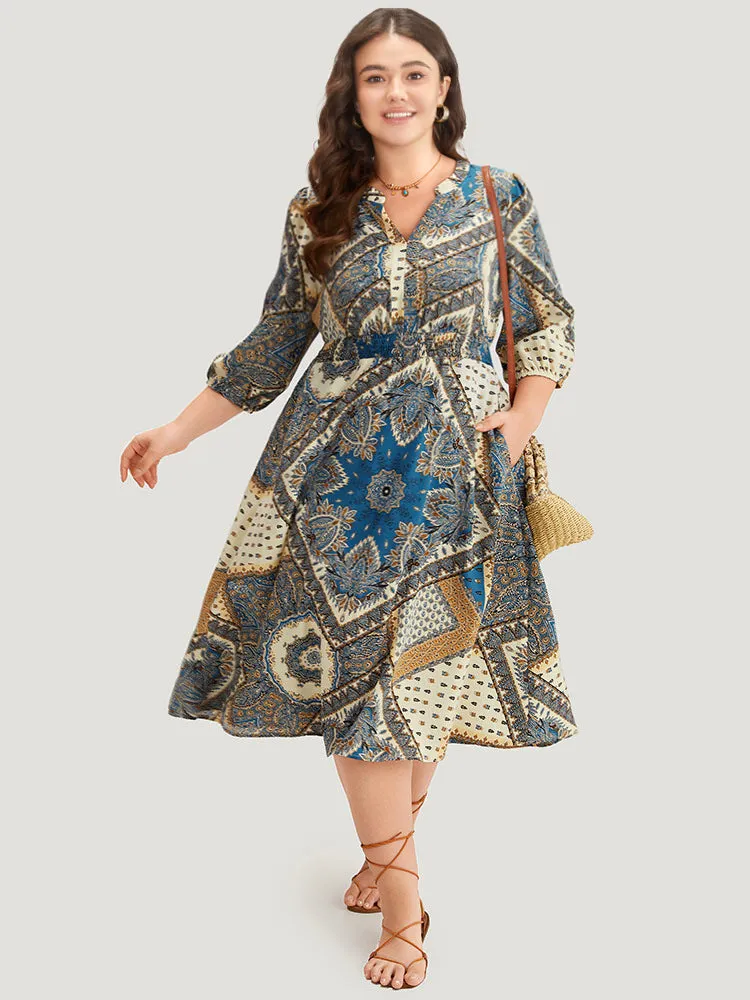 Bandana Print Notched Lantern Sleeve Dress sold by Bloomchic