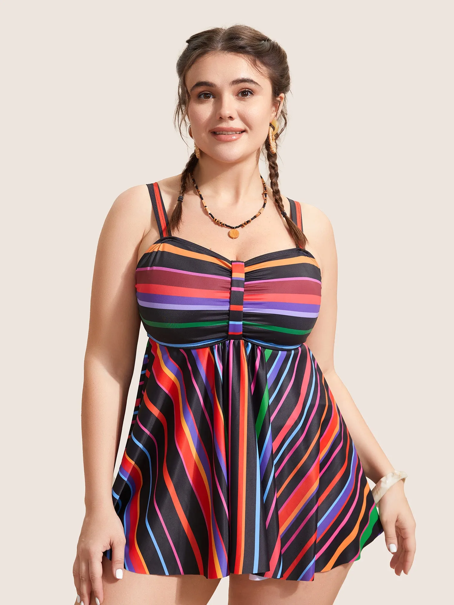 Heart Neckline Striped Contrast Gathered Swim Top sold by Bloomchic