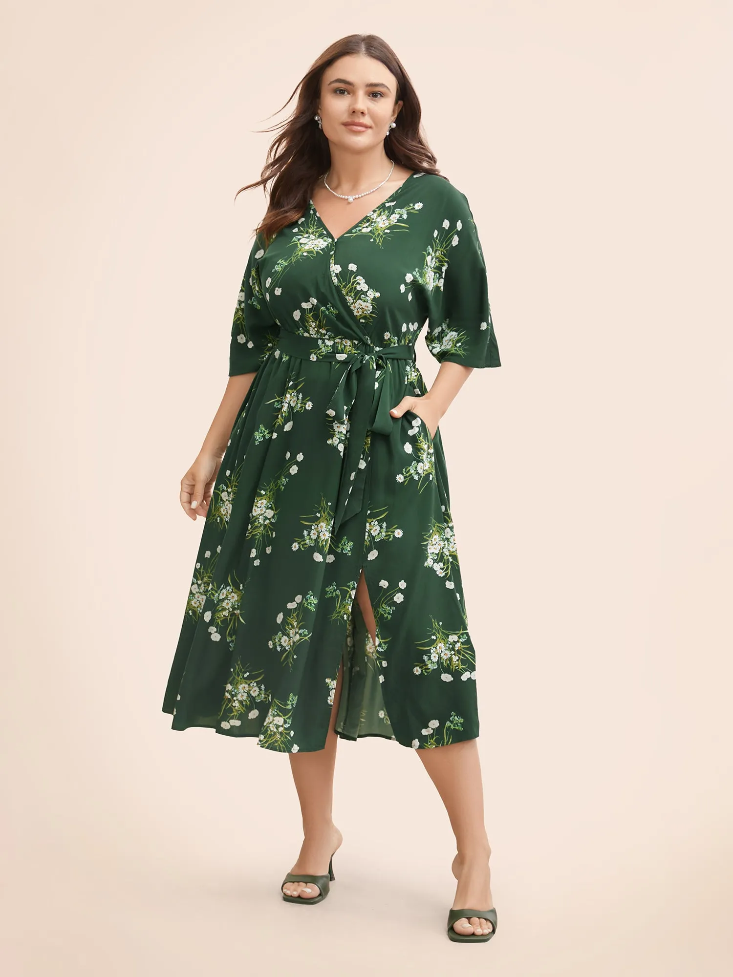 Floral Overlap Collar Split Hem Dress sold by Bloomchic