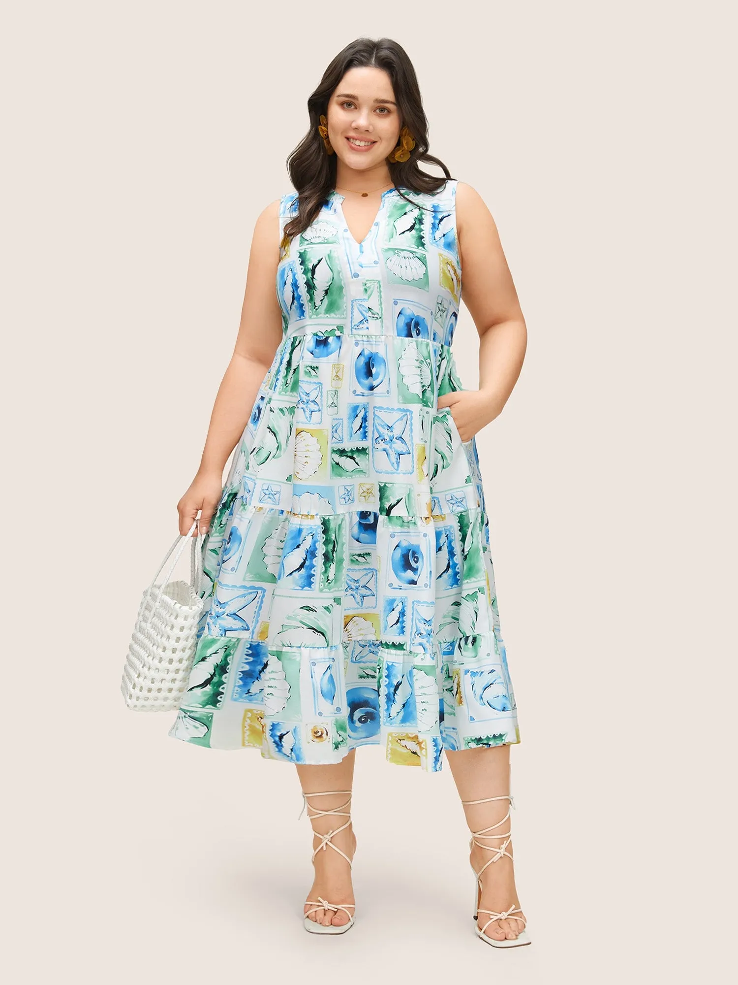 Shell Notched Ruffle Layered Hem Tank Dress sold by Bloomchic