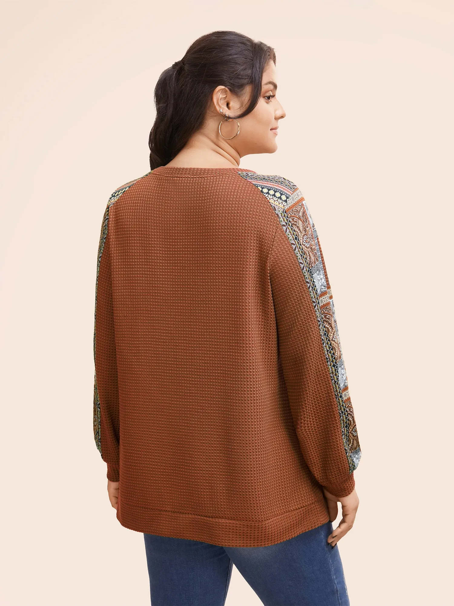 Boho Print Patchwork Waffle Knit Crew Neck Sweatshirt sold by Bloomchic product image thumbnail 4