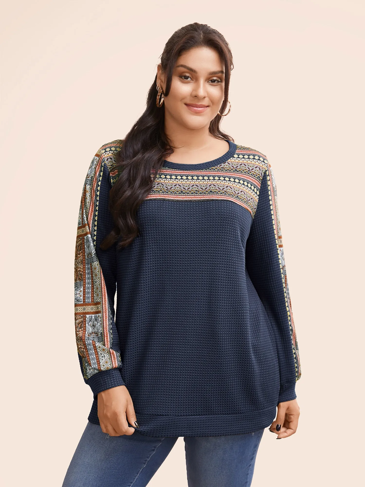 Boho Print Patchwork Waffle Knit Crew Neck Sweatshirt sold by Bloomchic product image thumbnail 5
