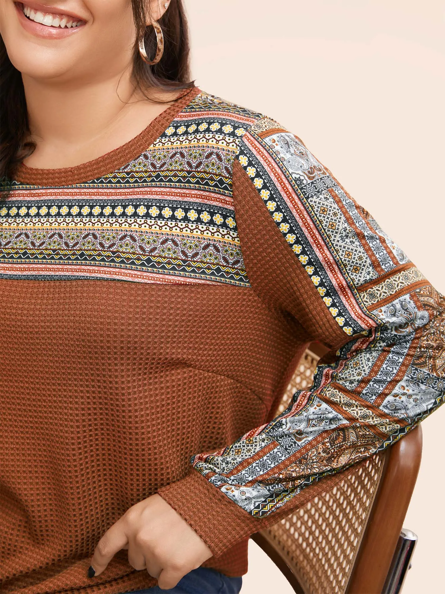 Boho Print Patchwork Waffle Knit Crew Neck Sweatshirt sold by Bloomchic product image thumbnail 3