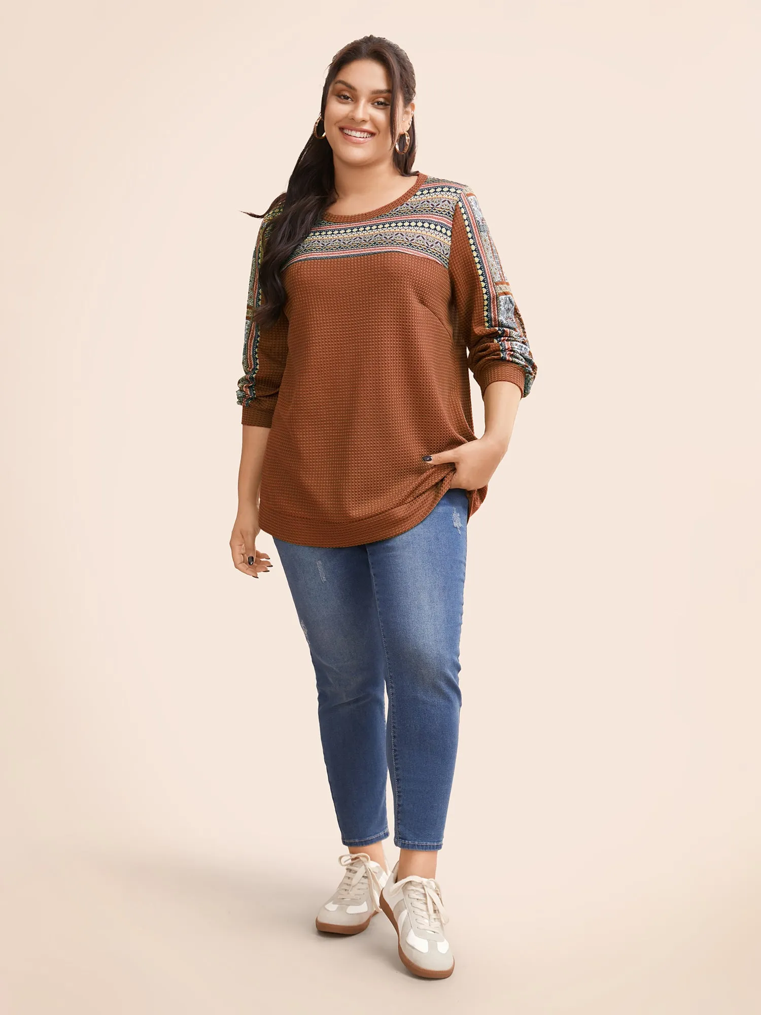 Boho Print Patchwork Waffle Knit Crew Neck Sweatshirt sold by Bloomchic product image thumbnail 2