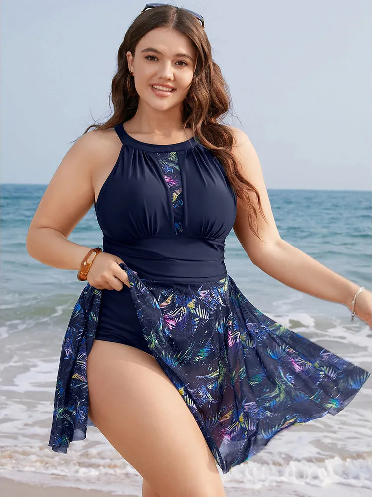 Tropical Print Knotted Back Cut Out Halter Swim Dress sold by Bloomchic