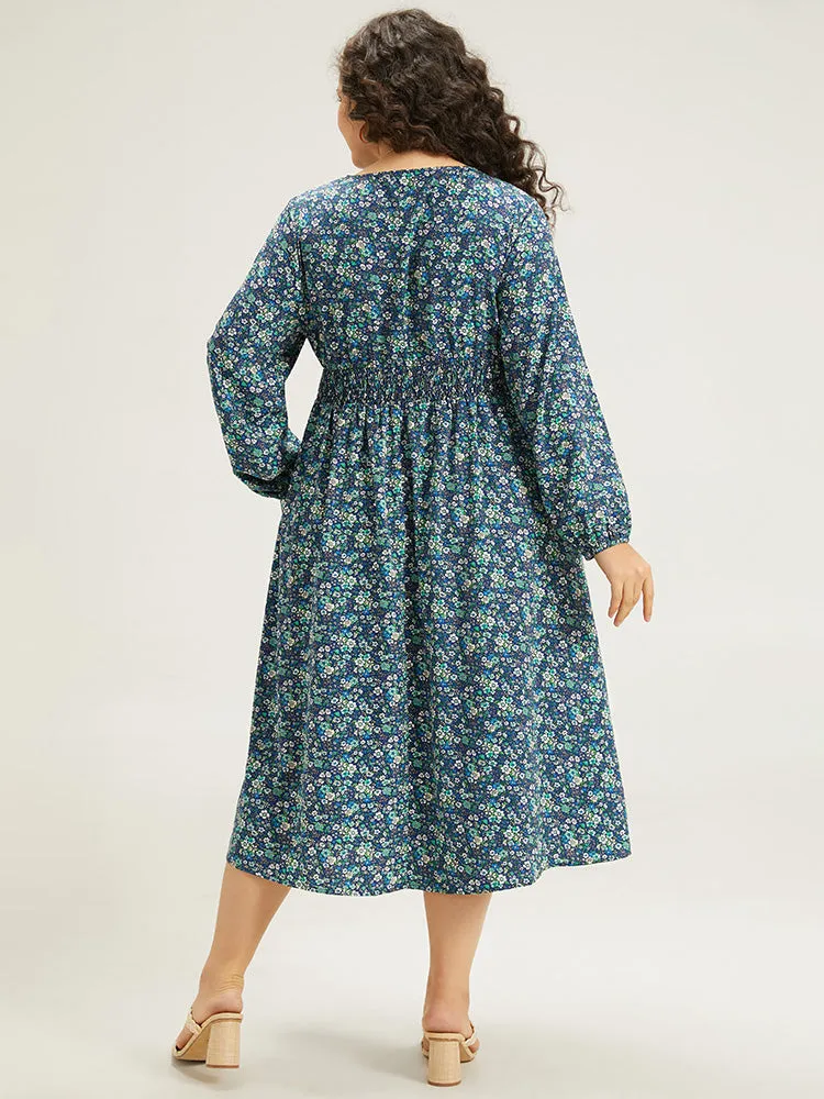 Ditsy Floral Wrap Shirred Pocket Lantern Sleeve Dress sold by Bloomchic product image thumbnail 3