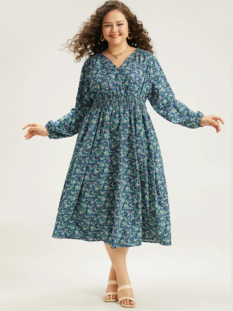 Ditsy Floral Wrap Shirred Pocket Lantern Sleeve Dress sold by Bloomchic product image thumbnail 4