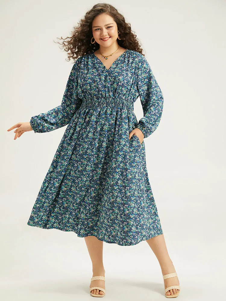 Ditsy Floral Wrap Shirred Pocket Lantern Sleeve Dress sold by Bloomchic