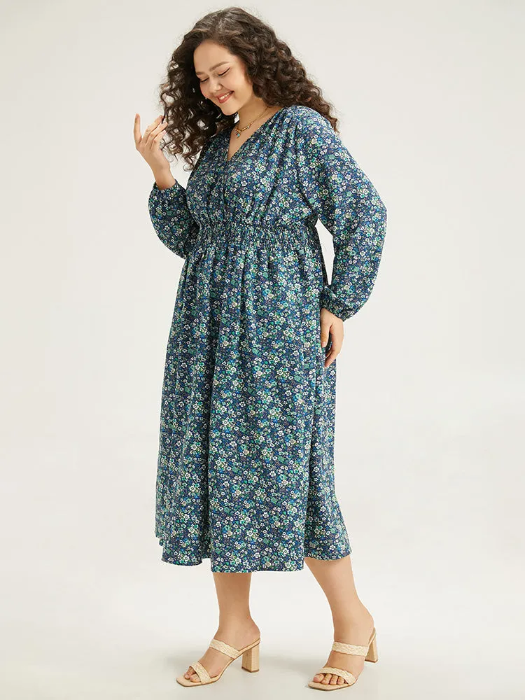 Ditsy Floral Wrap Shirred Pocket Lantern Sleeve Dress sold by Bloomchic product image thumbnail 2