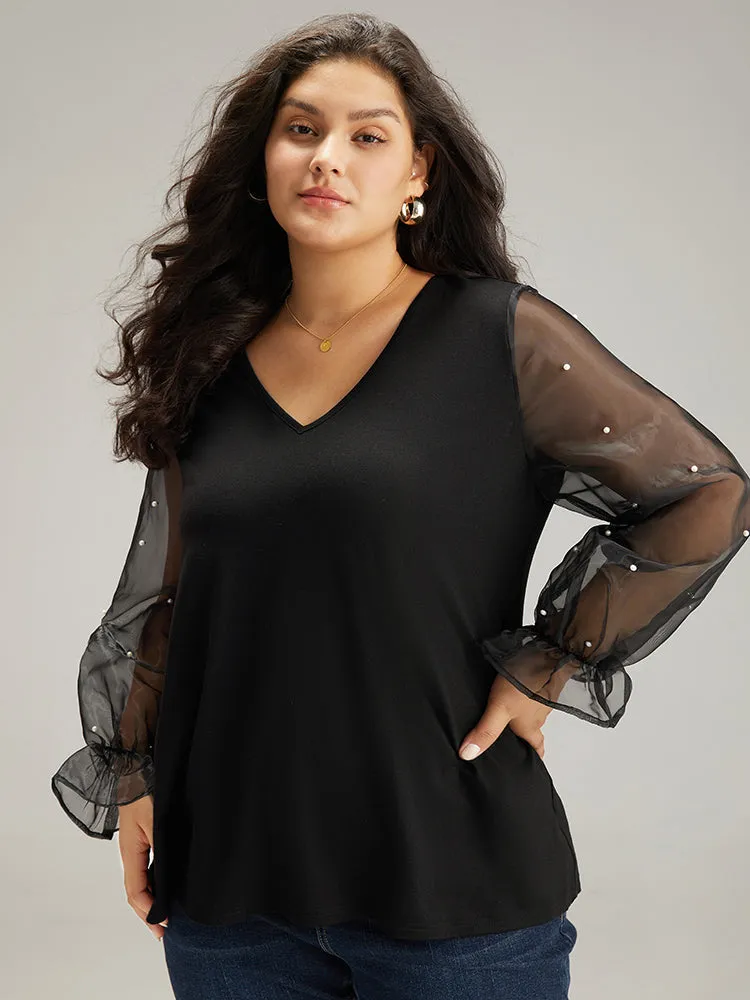 Pearl Beaded Mesh Patchwork T-shirt sold by Bloomchic