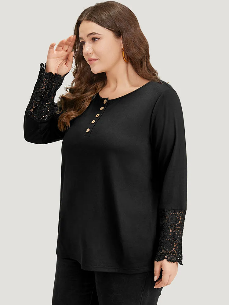 Halloween Solid Round Neck Button Up Lace Panel T-shirt sold by Bloomchic product image thumbnail 3