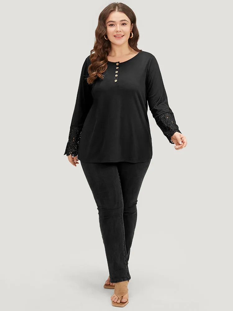 Halloween Solid Round Neck Button Up Lace Panel T-shirt sold by Bloomchic product image thumbnail 4