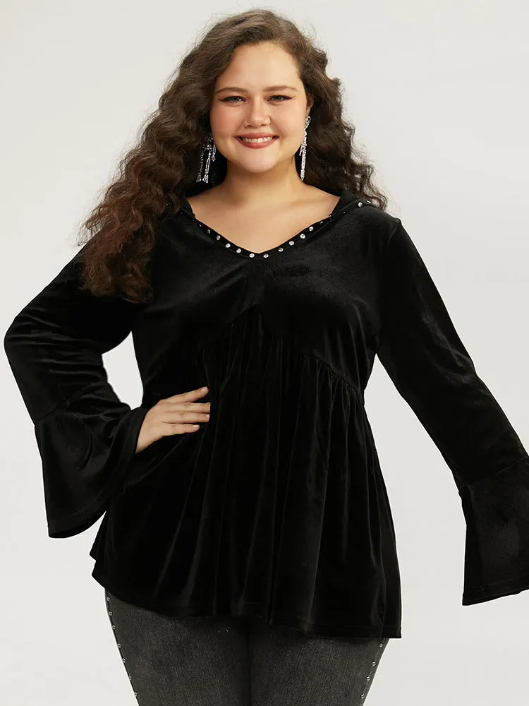 Halloween Solid Pearl Beaded Hooded Bell Sleeve T-shirt sold by Bloomchic