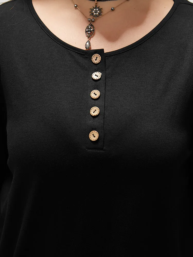 Halloween Solid Round Neck Button Up Lace Panel T-shirt sold by Bloomchic product image thumbnail 5