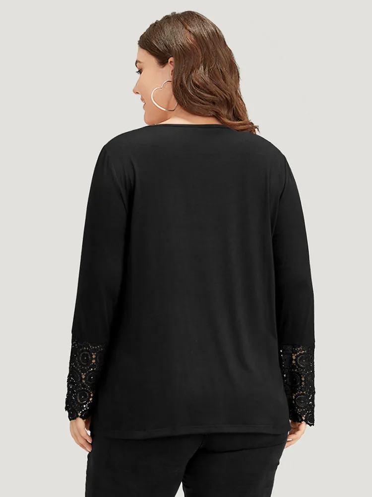 Halloween Solid Round Neck Button Up Lace Panel T-shirt sold by Bloomchic product image thumbnail 2