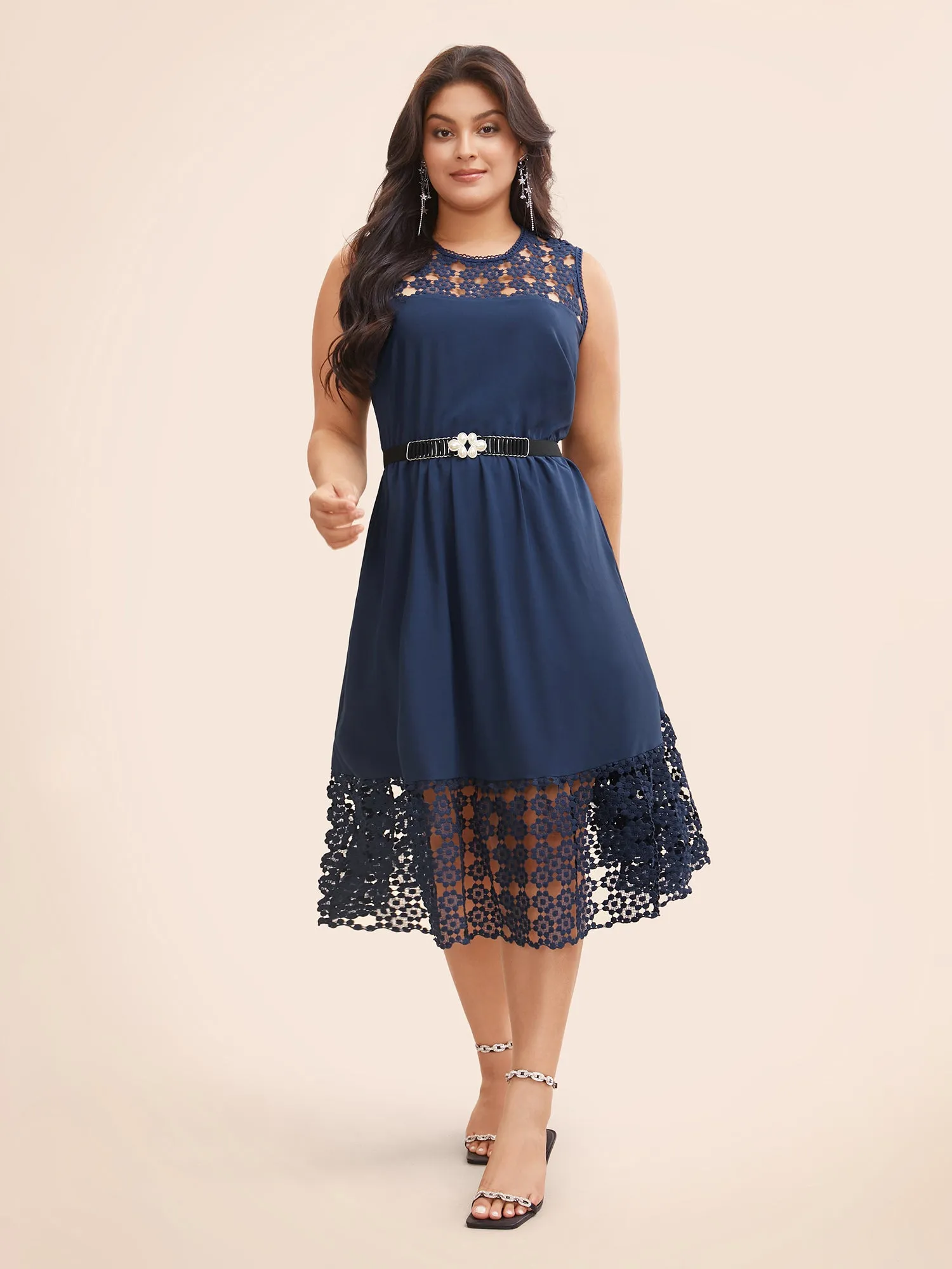 Lace Panel Elastic Waist Sleeveless Dress sold by Bloomchic product image thumbnail 2