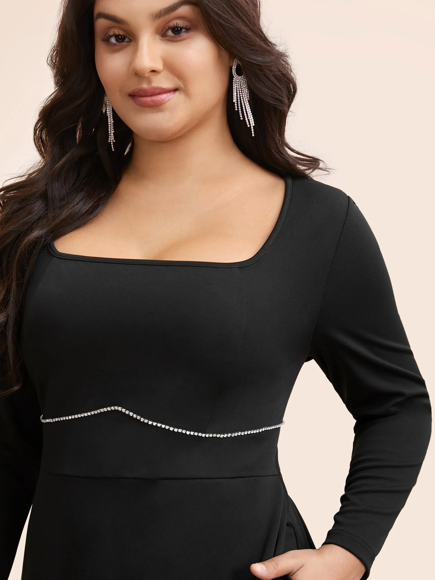 Square Neck Shirred Rhinestone Midi Dress sold by Bloomchic product image thumbnail 2