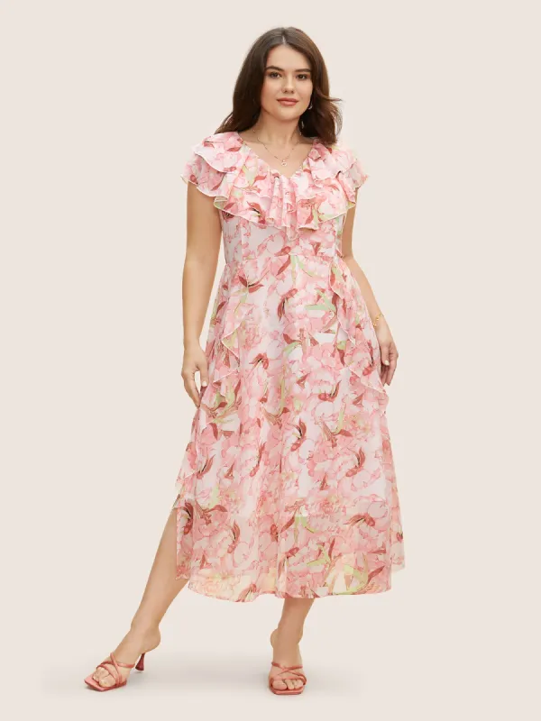 Chiffon Floral Tiered Ruffles Split Hem Dress sold by Bloomchic