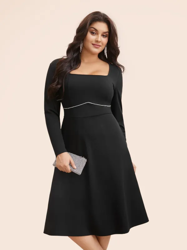 Square Neck Shirred Rhinestone Midi Dress sold by Bloomchic