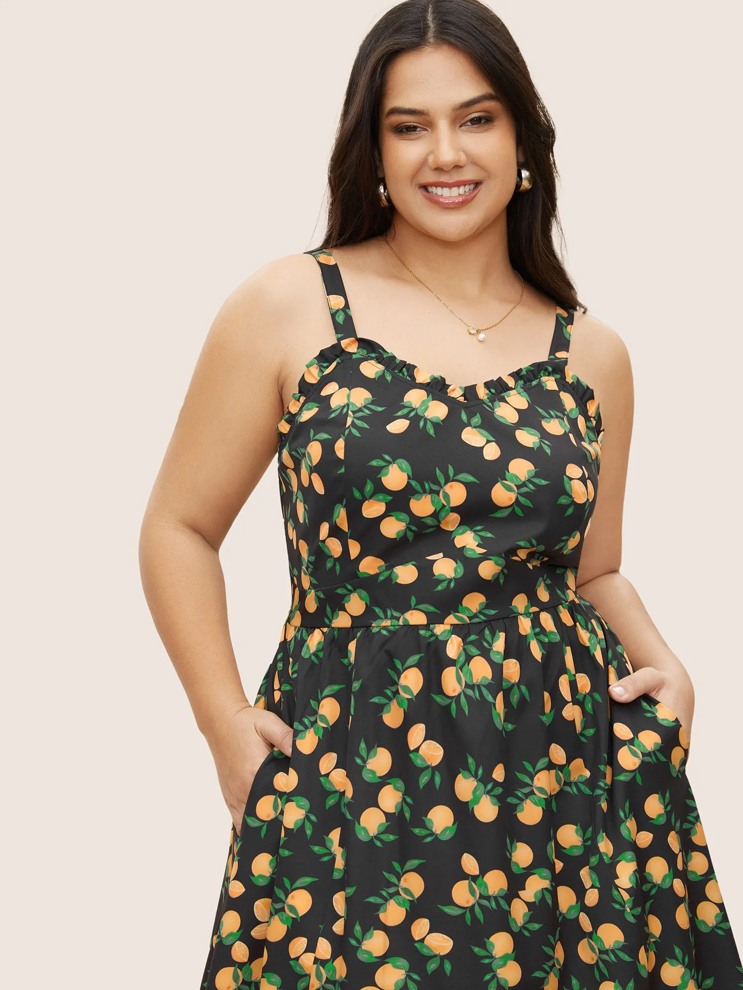 Citrus Orange Print Pleated Frill Trim Cami Dress sold by Bloomchic product image thumbnail 4