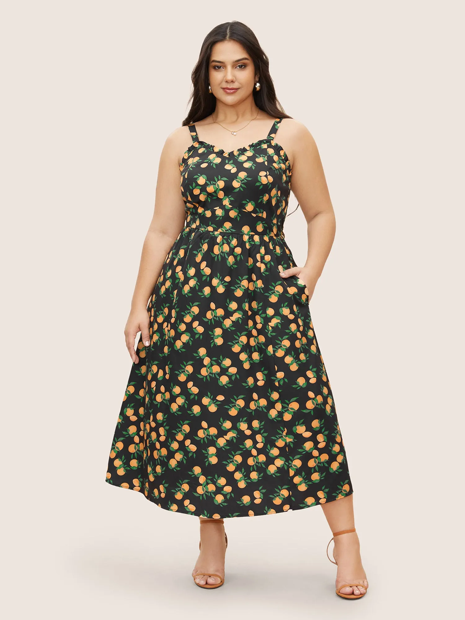 Citrus Orange Print Pleated Frill Trim Cami Dress sold by Bloomchic product image thumbnail 3