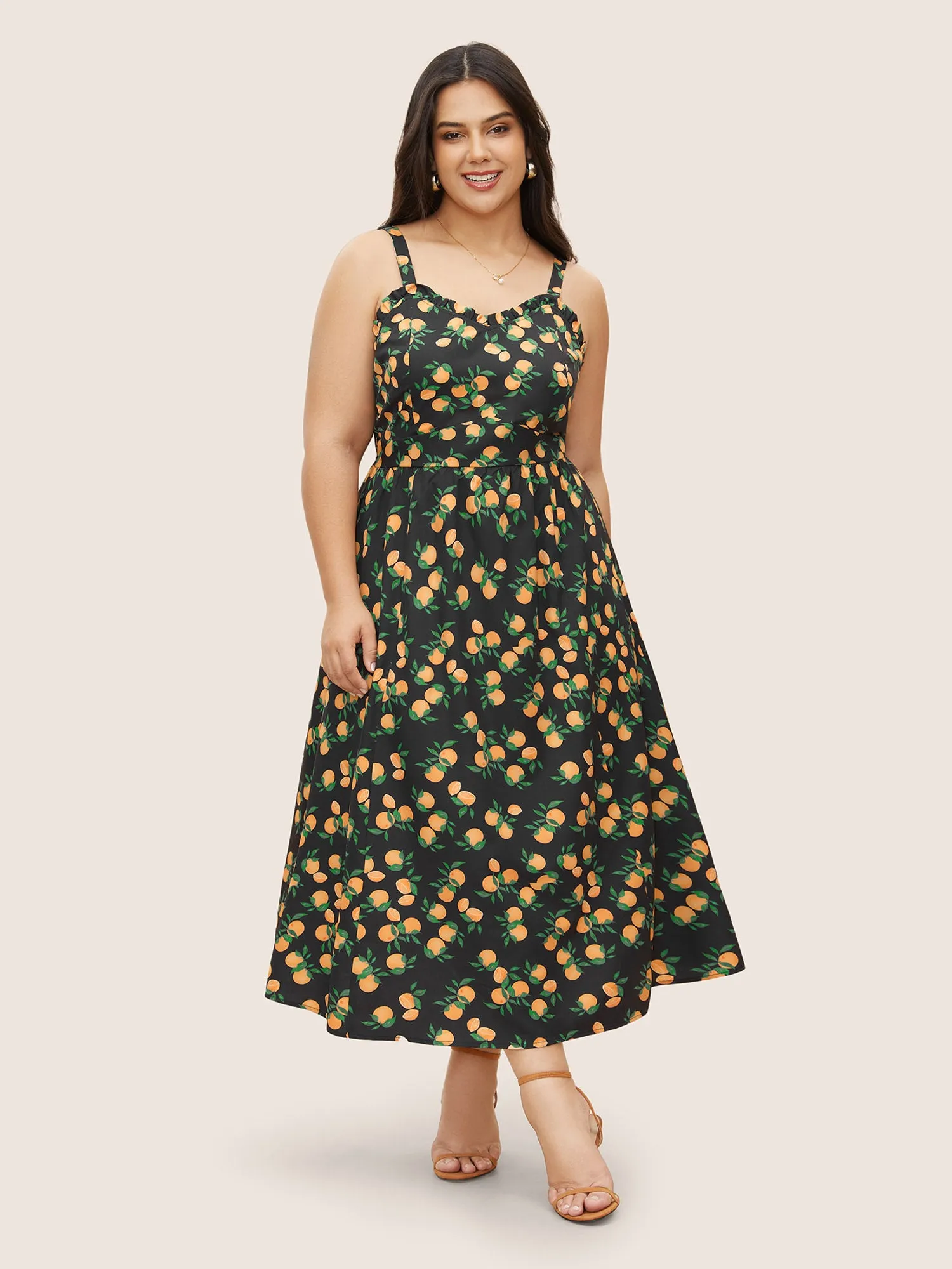 Citrus Orange Print Pleated Frill Trim Cami Dress sold by Bloomchic