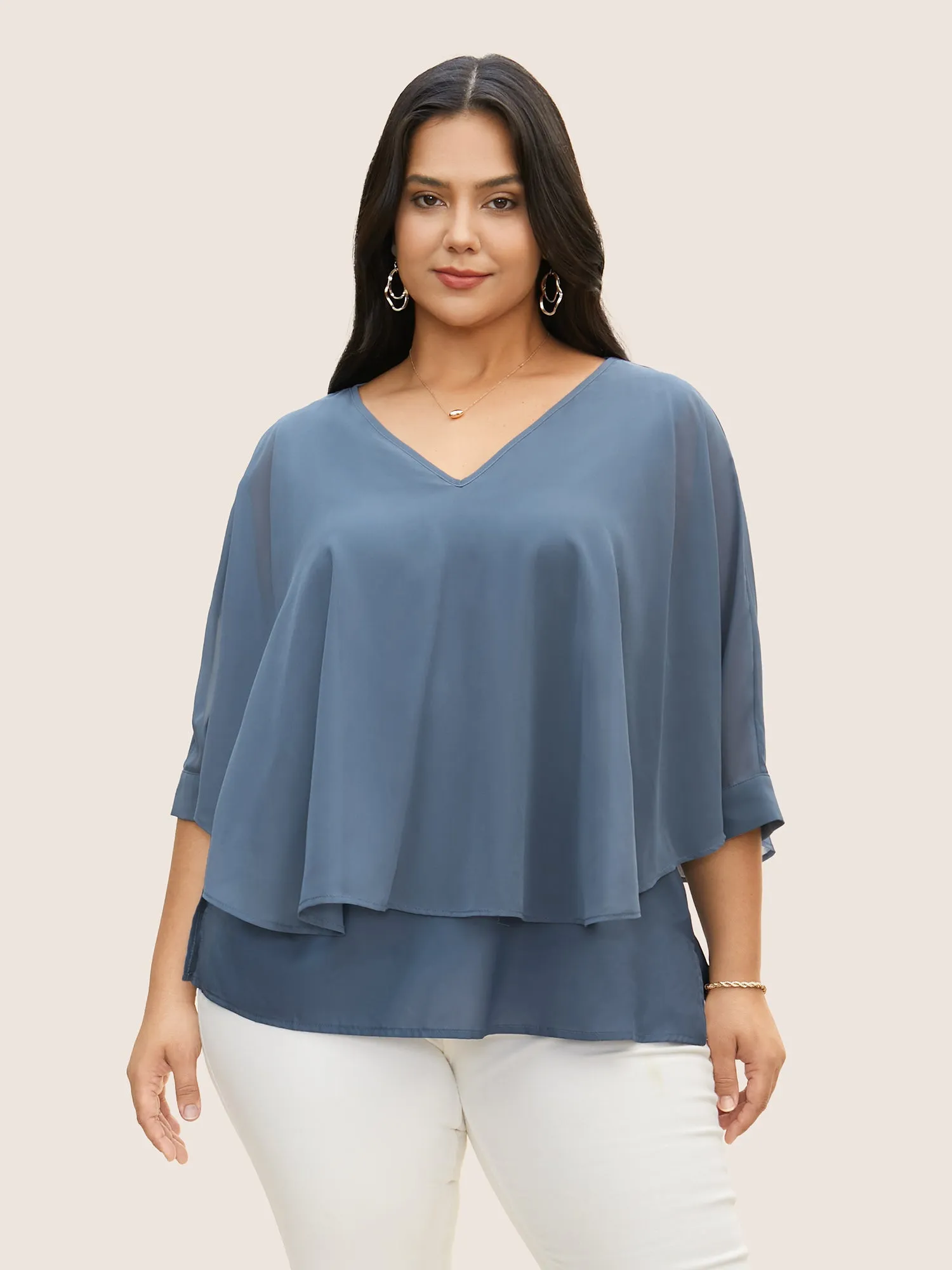 Chiffon Tiered Mesh Split Side Blouse sold by Bloomchic