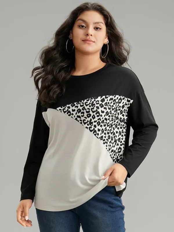 Leopard Print Colorblock Patchwork T-shirt sold by Bloomchic