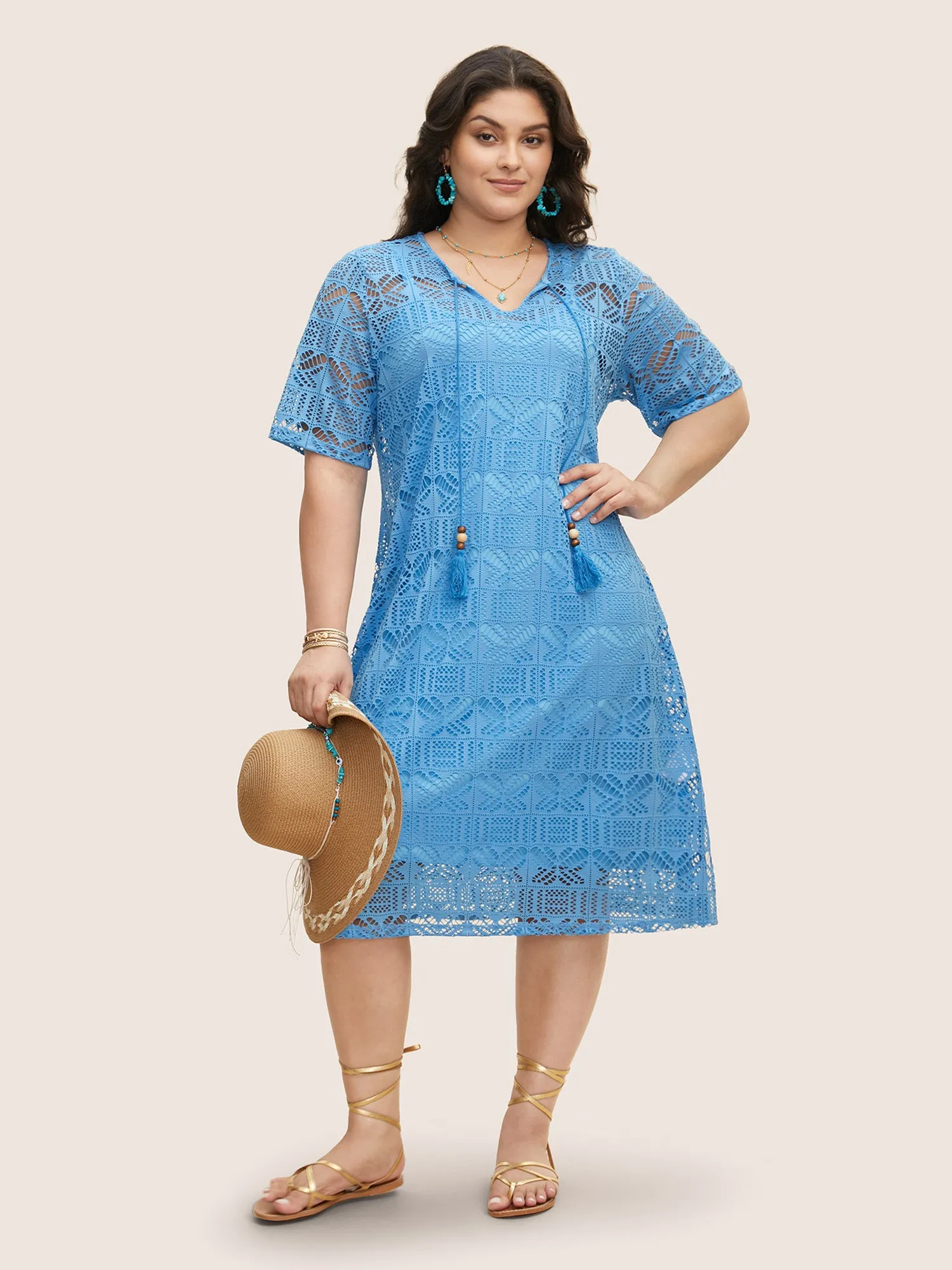 Cut Out Tassel Trim Split Hem Midi Dress sold by Bloomchic