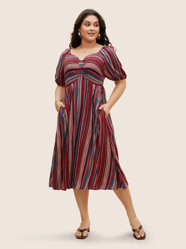 Heart Neckline Striped Lantern Sleeve Dress sold by Bloomchic